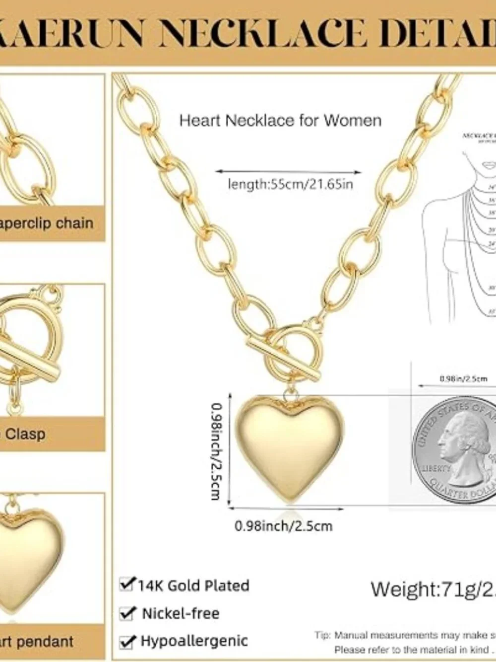 Chunky Gold Charm Necklace for Women Trendy Non Tarnish Paperclip Necklace | 14K